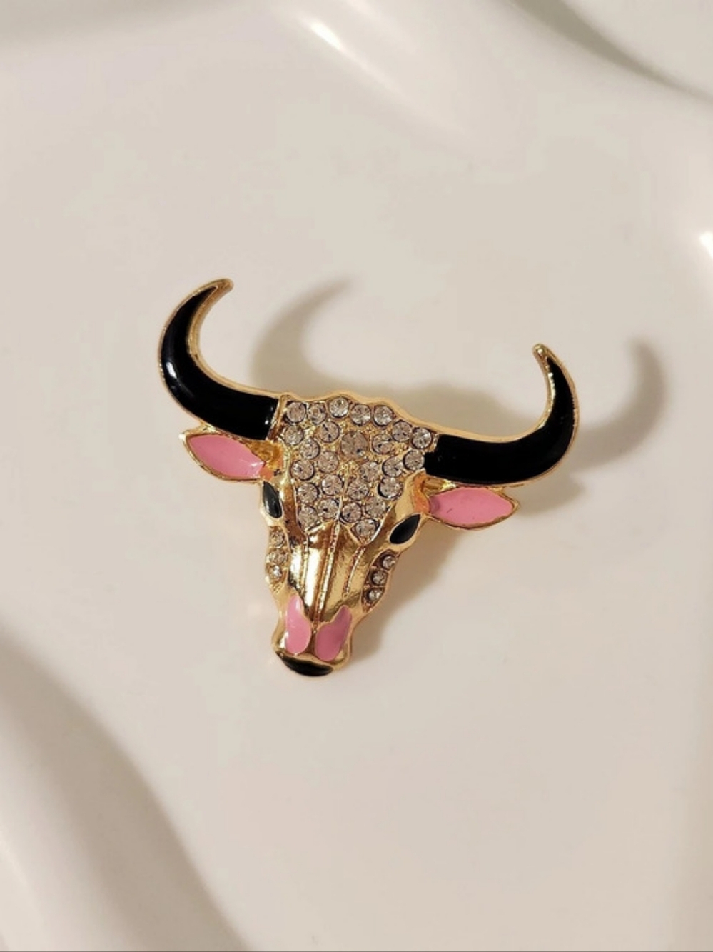 Rhinestone Bull Head Taurus Brooch in Gold Hot Pink & Black New Without Tags